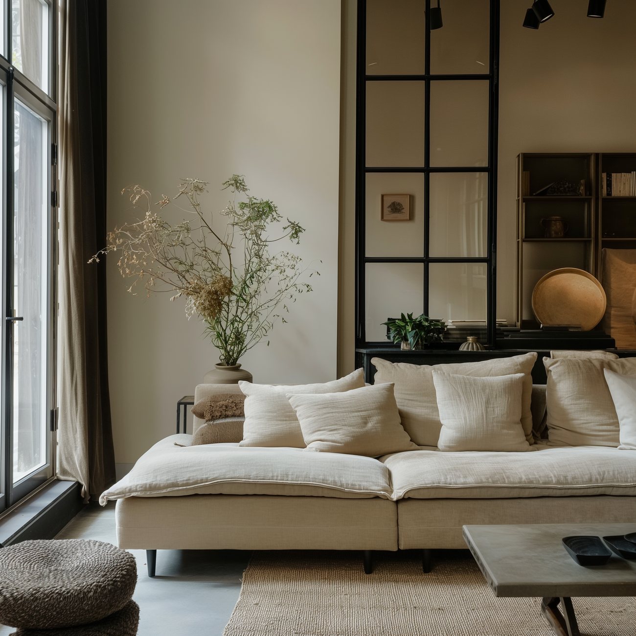 A pale linen upholstered sofa in a bright room, cushions squared and a folded throw over one arm, a low table with a plant beside it