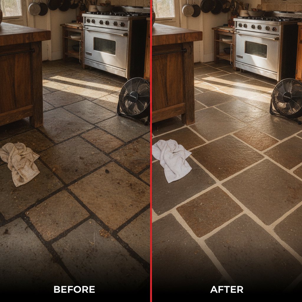 A sunlit stone-tile floor in a real kitchen, grout lines reading light and even, a folded towel and a small floor fan at the edge of frame