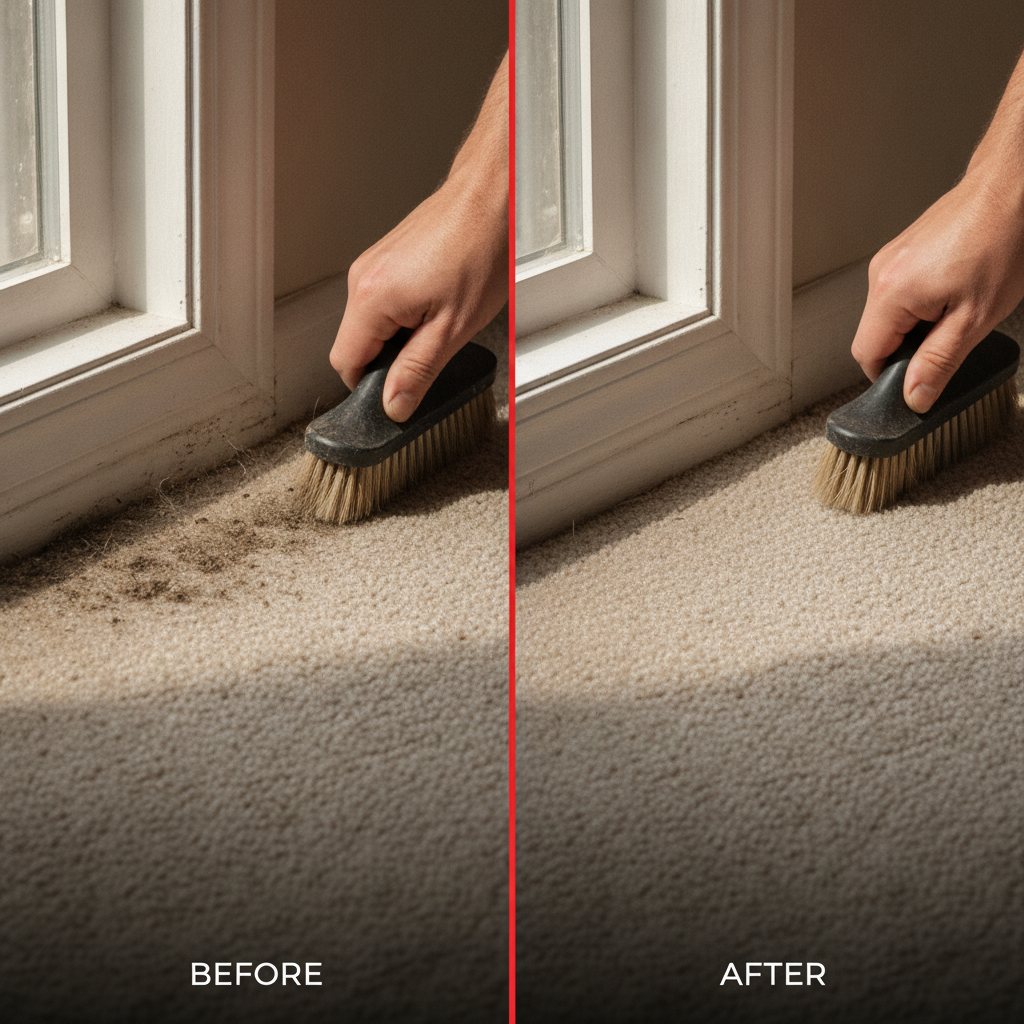 Close crop of a hand working a stiff brush along the carpet edge where it meets a baseboard